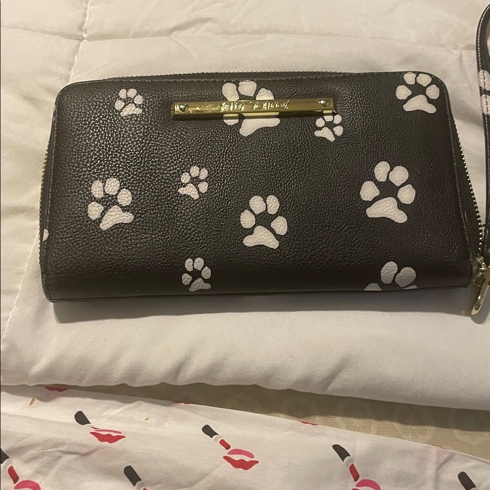 Betsey Johnson Black Faux Leather Wallet — White Paw Print Pattern